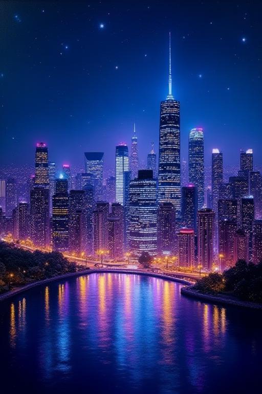 Diamond painting of a shimmering night cityscape